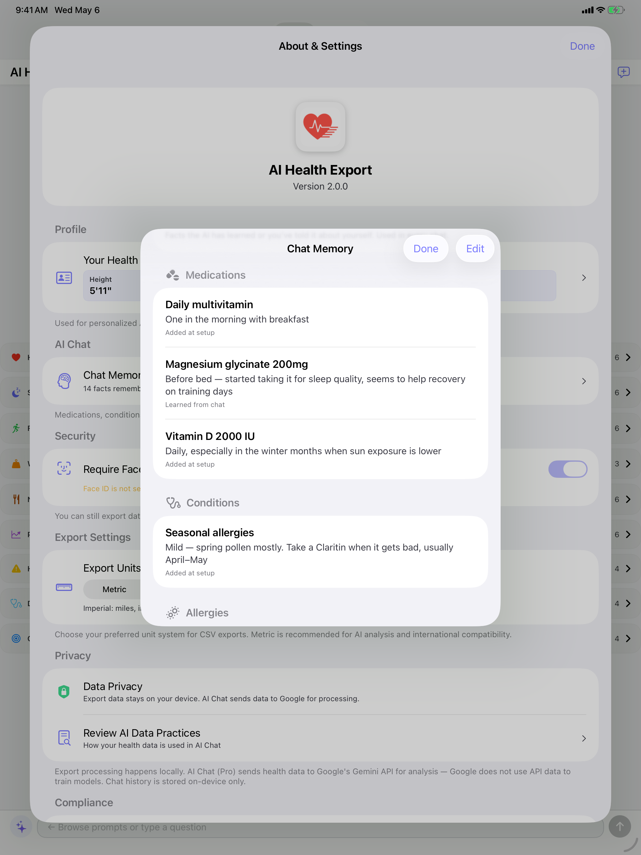 Settings → Chat Memory screen showing auto-extracted medications, conditions, and allergies