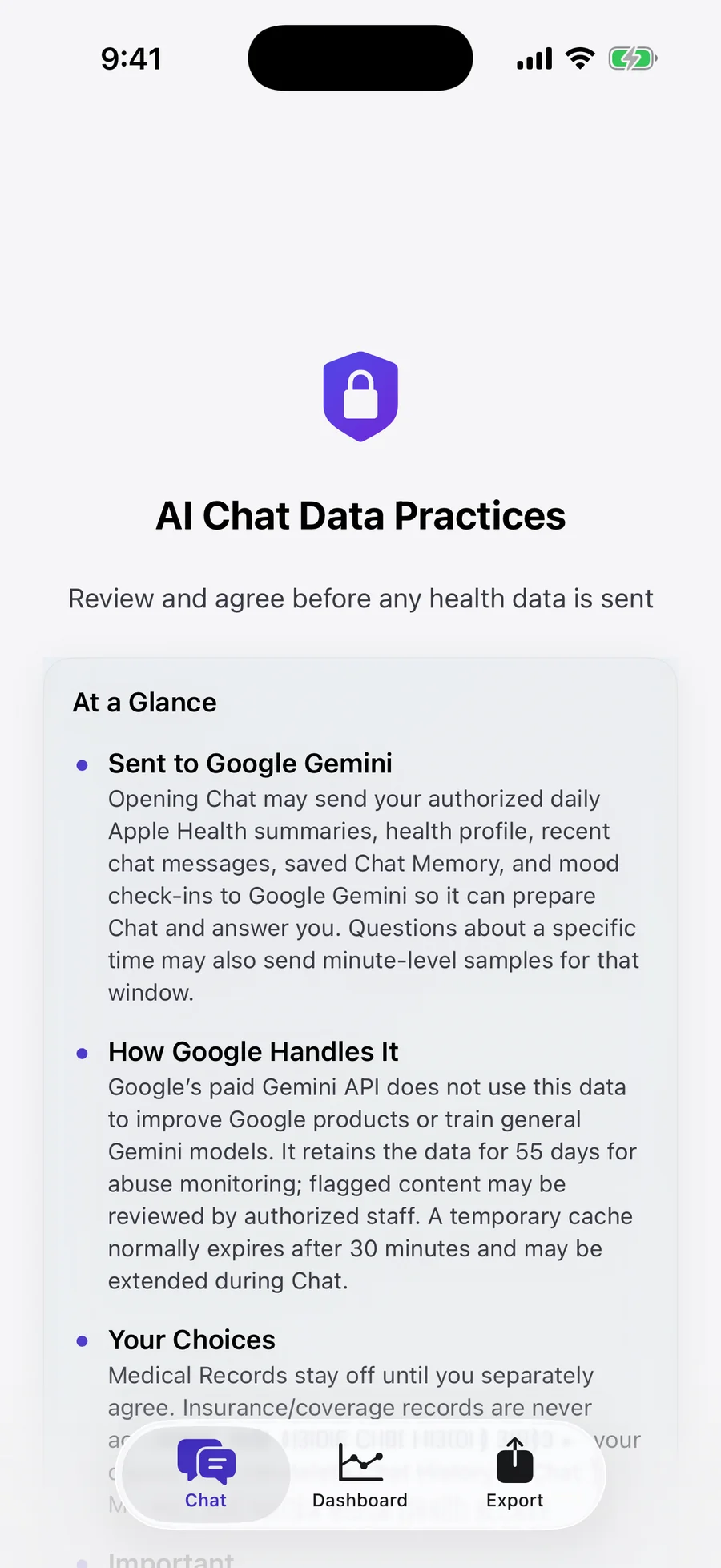 AI Chat Data Practices screen listing what is sent to Google Gemini, how Google handles it, and your choices
