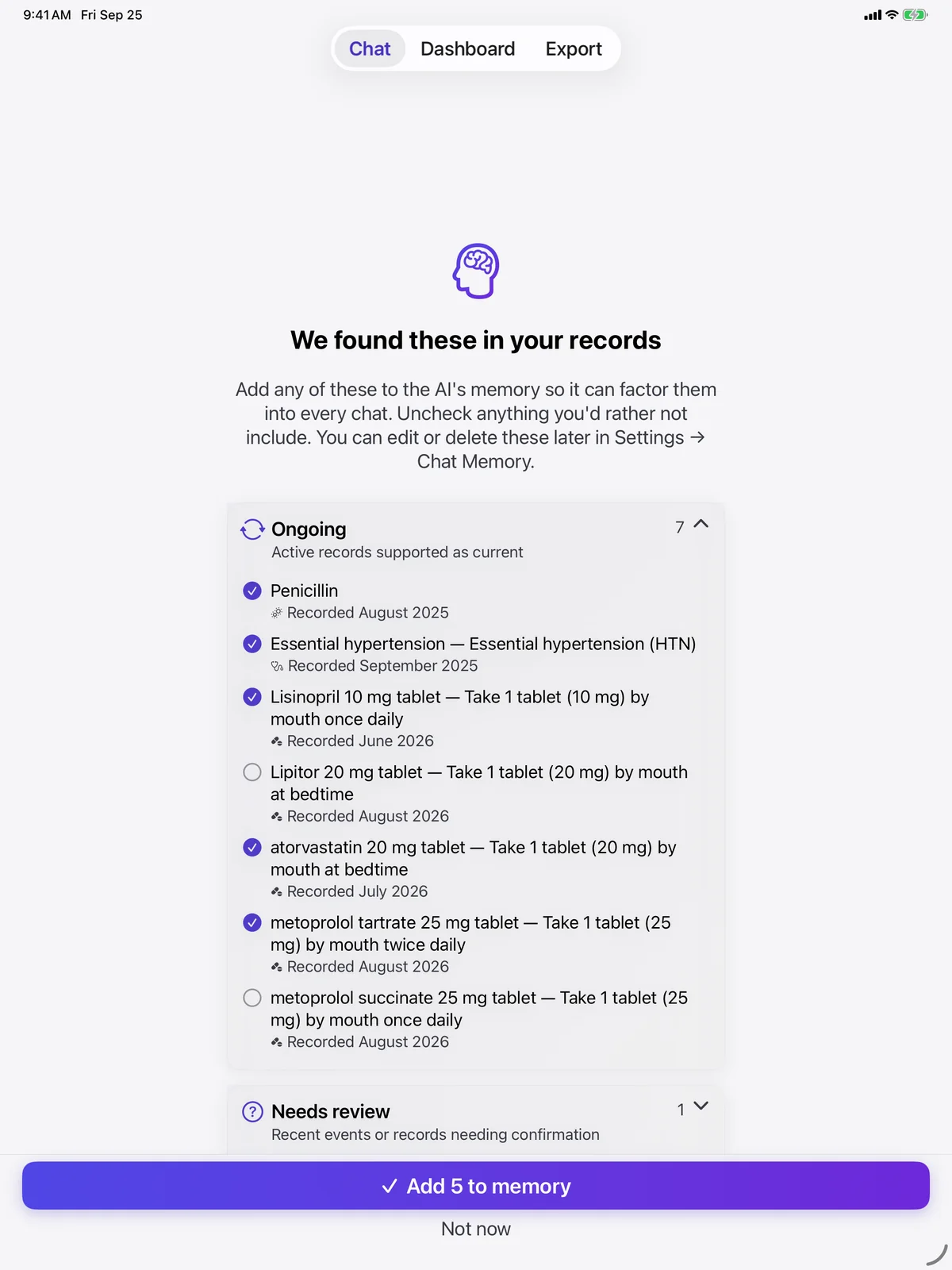 Chat Memory review listing conditions and medications found in Apple Health records, each chosen before it is saved